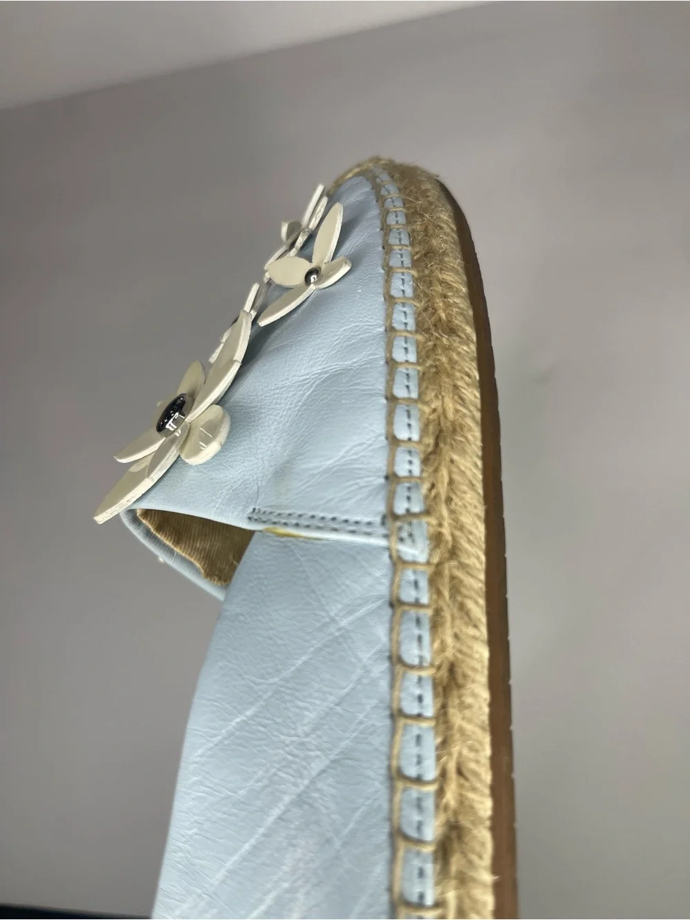 Michael Kors Light Blue Leather Lola Espadrilles size 36 Floral Appliqué